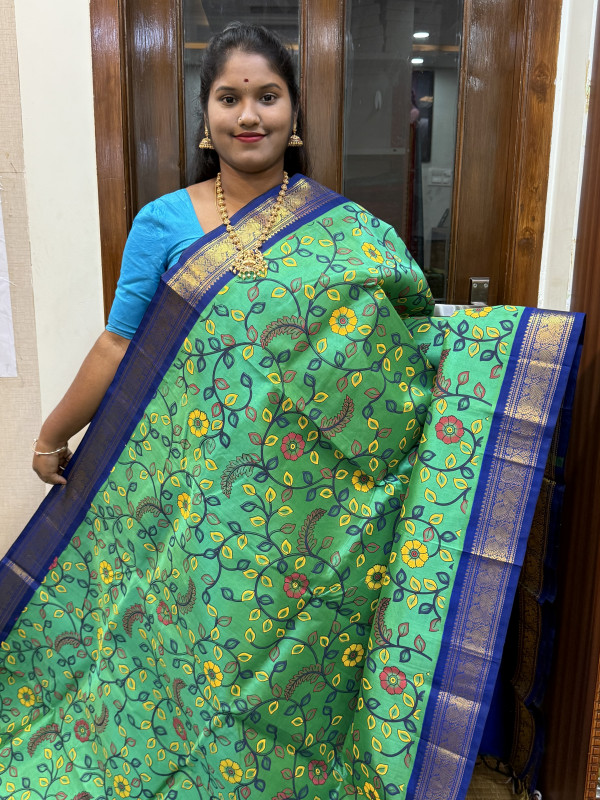 Silk Cotton Kuppadam Kalamkari Print Teal Green And Royal Blue(SCKKP109)