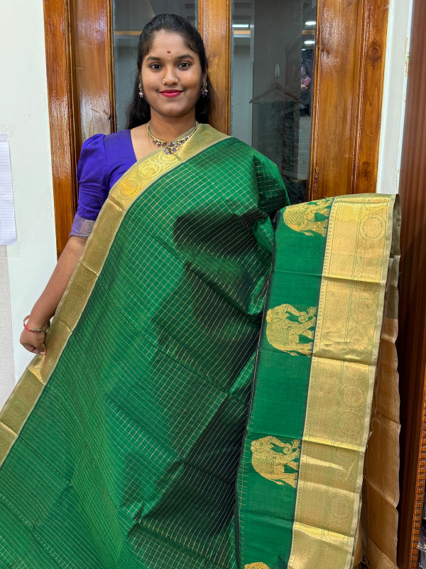 Silk Cotton Body Zari Kattam Green And Beige (SCZK07)