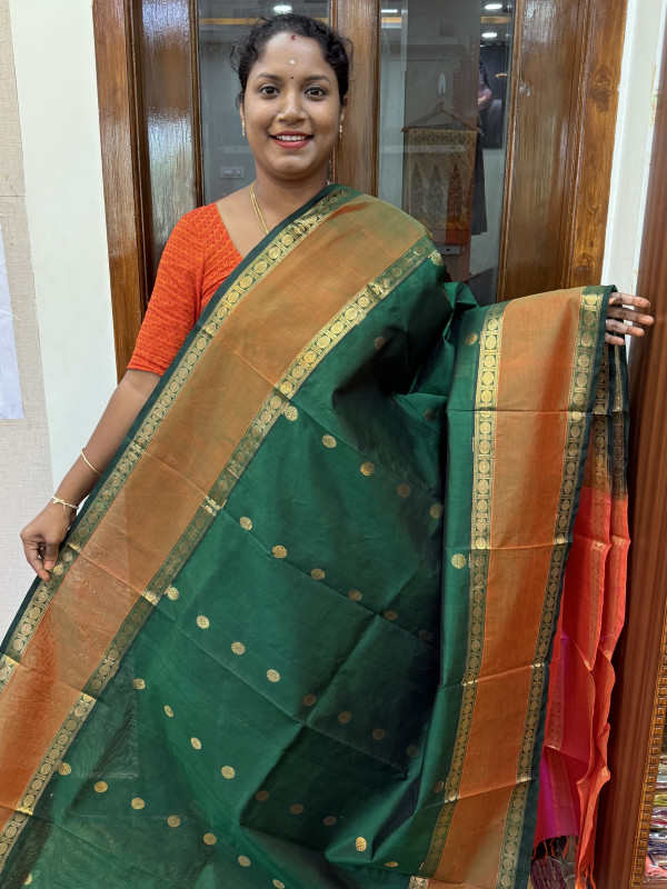 Silk Cotton Rettapet Border Body Buttas Green And Dual Shaded Pink(SCRBR22)