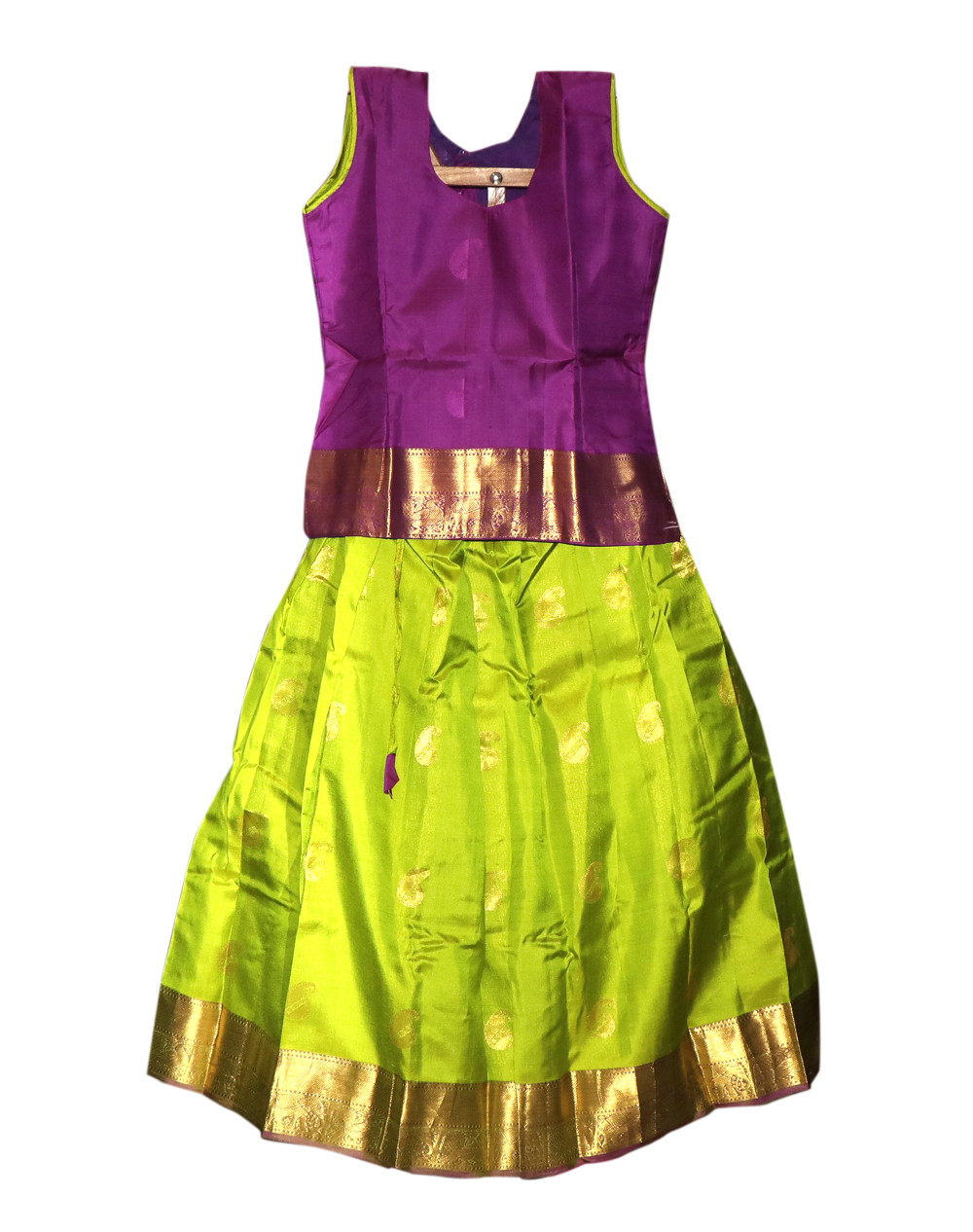 11"Yr"_Kids Pavadai Set Kanchipuram Silk Magentha And Parrot Green(KS11KP3)