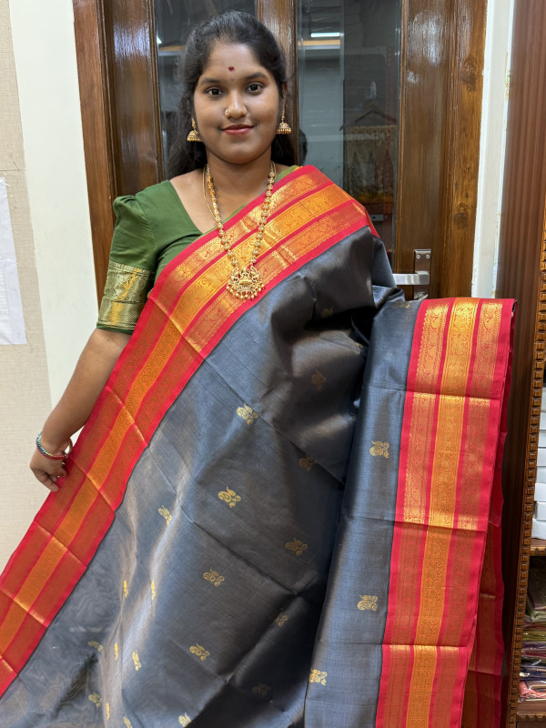 Silk Cotton Korvai Buttas Trible Tone Border Grey And Red(SCKTTB18)