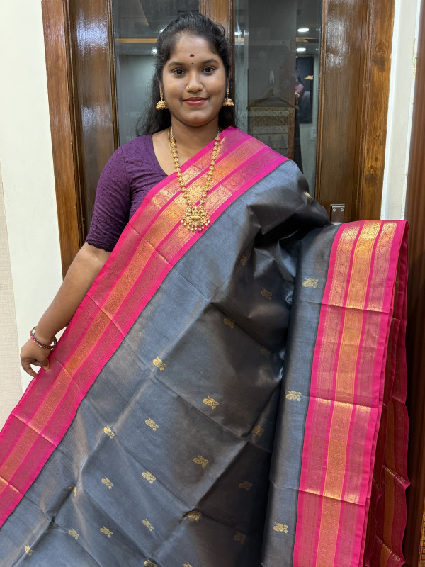 Silk Cotton Korvai Buttas Trible Tone Border Grey And Pink(SCKTTB14)