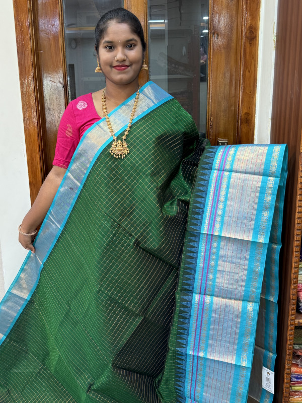 Silk Cotton Kuppadam Checked Temple Border Bottle Green And Dual Shaded Teal(SCKCTB54)