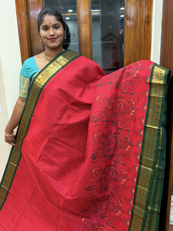 Silk Cotton Korvai Kalamkari Print Red And Green (SCKKP131)
