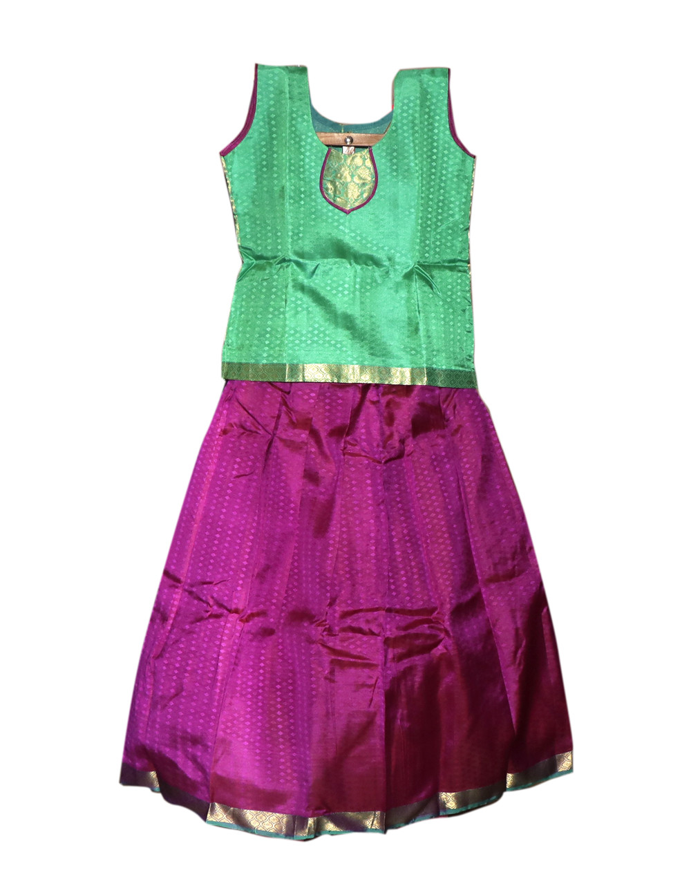 11"Yr"_Kids Pavadai Set Kanchipuram Silk Green And Magentha(KS11KP2)