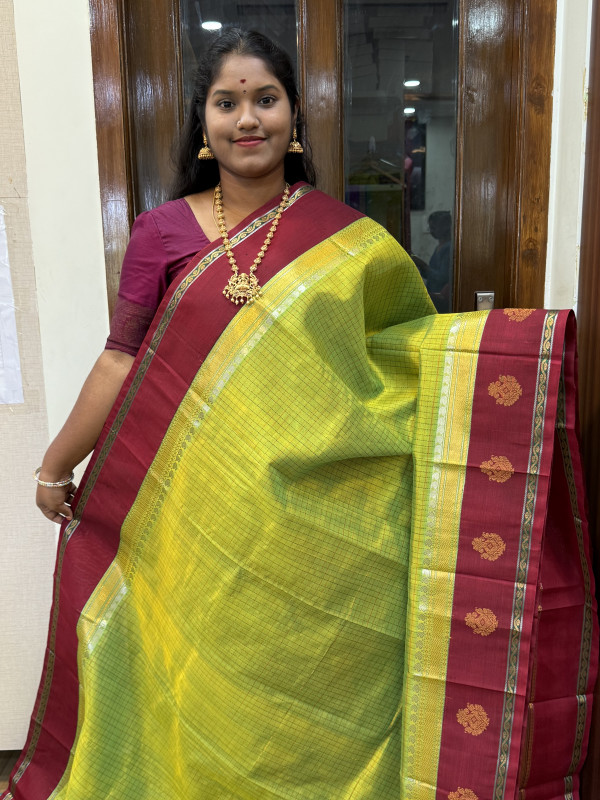 Silk Cotton Korvai Checked Side Buttas Dual Shaded Green And Maroon(SCKCSB53)