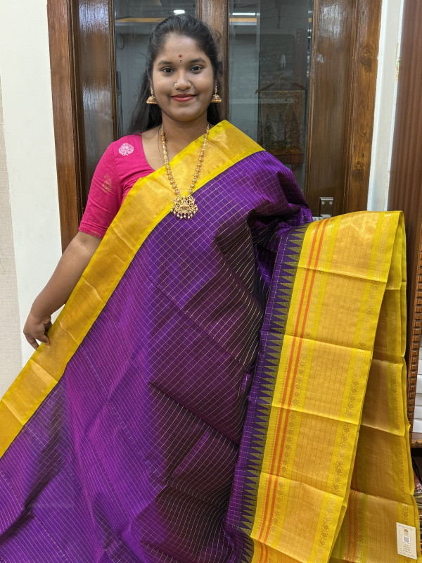 Silk Cotton Kuppadam Checked Temple Border Purple And Lime Yellow(SCKCTB42)