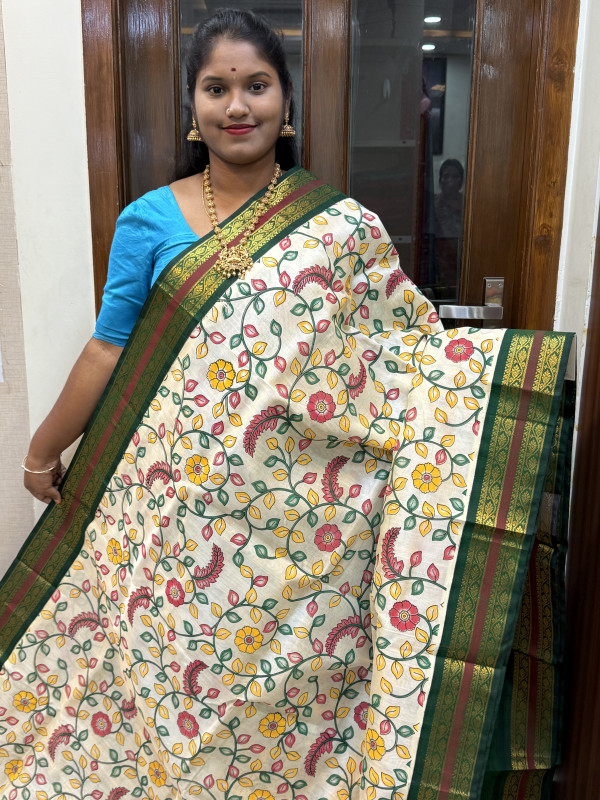 Silk Cotton Kuppadam Kalamkari Print Off White And Bottle Green(SCKKP115)