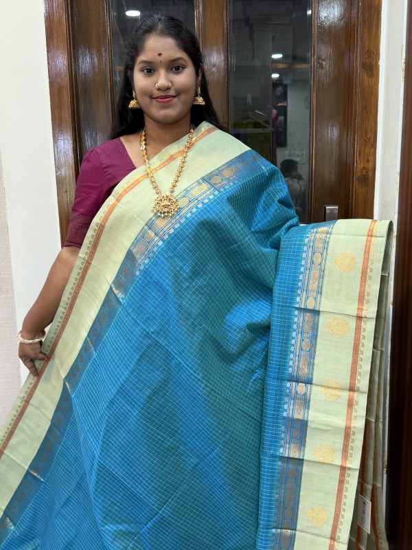 Silk Cotton Korvai Checked Side Buttas CS Blue And Pista Green(SCKCSB58)