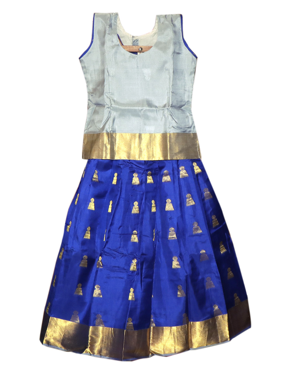 10"Yr"_Kids Pavadai Set Kanchipuram Silk Silver Grey And Royal Blue(KS10KP2)