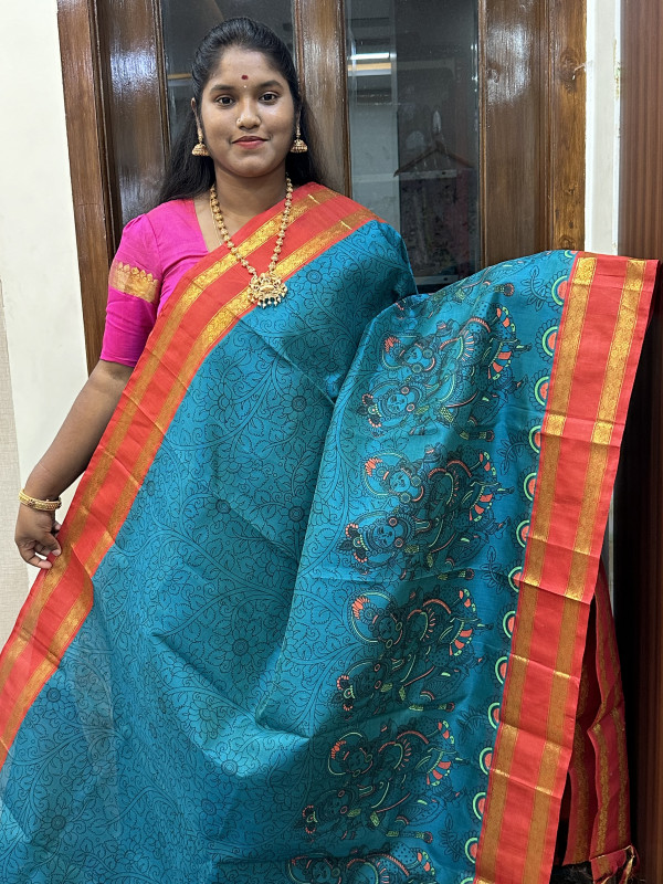 Silk Cotton Kuppadam Kalamkari Print Rama Green And Rust Orange(SCKKP57)