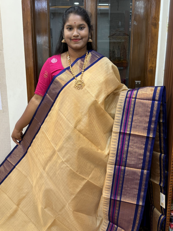 Silk Cotton Kuppadam Checked Temple Border Beige And Navy Blue(SCKCTB43)