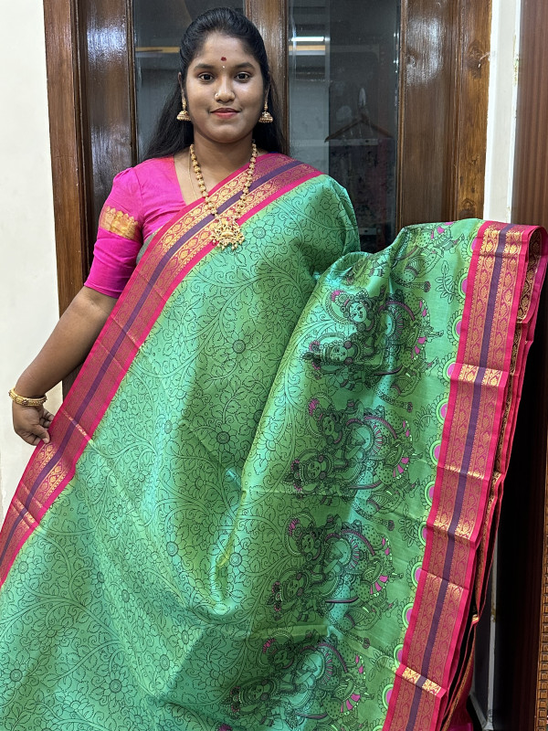 Silk Cotton Kuppadam Kalamkari Print Dual Shaded Teal And Dual Shaded Pink(SCKKP70)