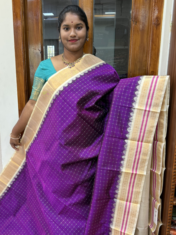 Silk Cotton Kuppadam Thread Checked Purple And Off White(SCKTPC11)