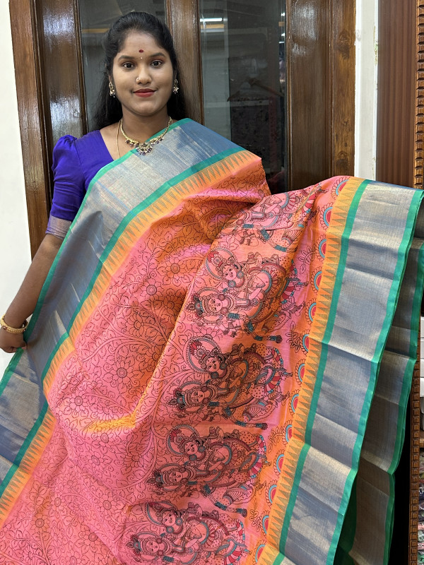 Silk Cotton Kuppadam Kalamkari Print Dual Shaded Pink And Dual Shaded Teal(SCKKP84)