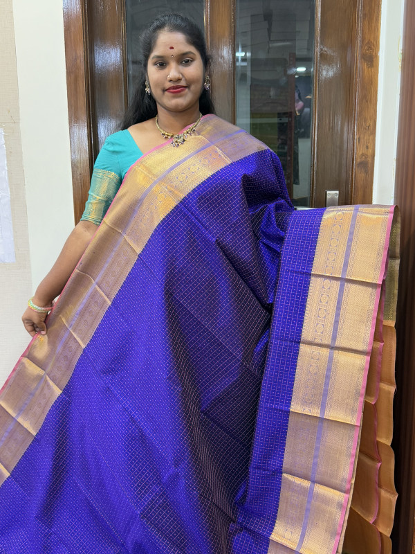 Silk Cotton Thread Checked Lakshadeepam Royal Blue And Peach(SCCLD7)