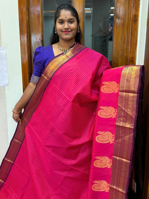 Silk Cotton Body Zari Kattam Pink And Dark Green(SCZK01)