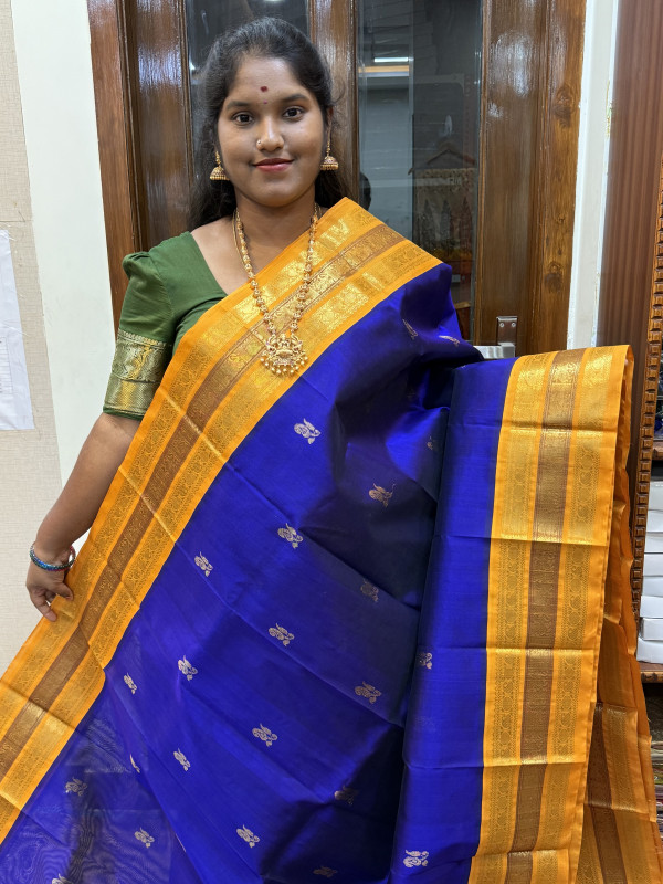 Silk Cotton Korvai Buttas Trible Tone Border Royal Blue And Yellow(SCKTTB16)