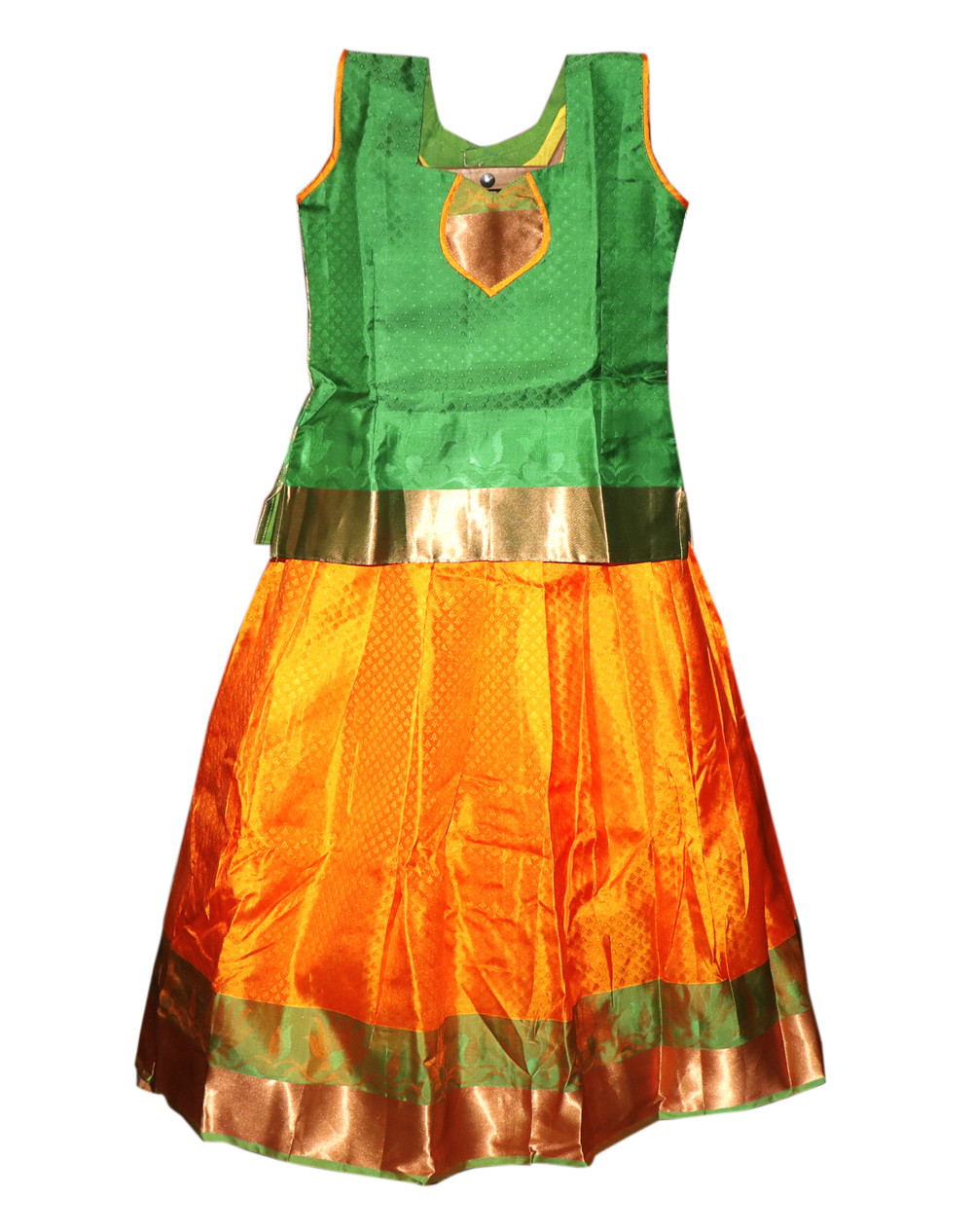 9"Yr"_Kids Pavadai Set Kanchipuram Silk Green And Mango Yellow(KS9KP3)