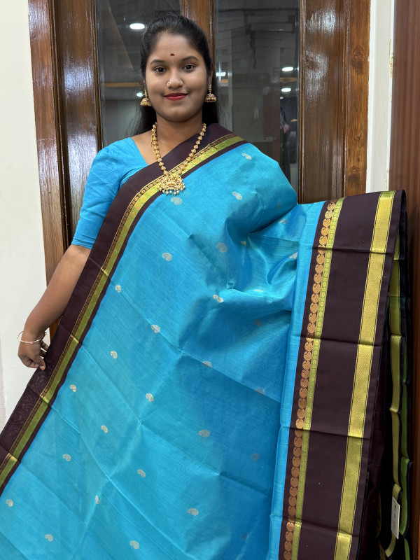 Silk Cotton Rettapet Border Body Buttas Ananda Blue And Coffee Brown(SCRBBS30)