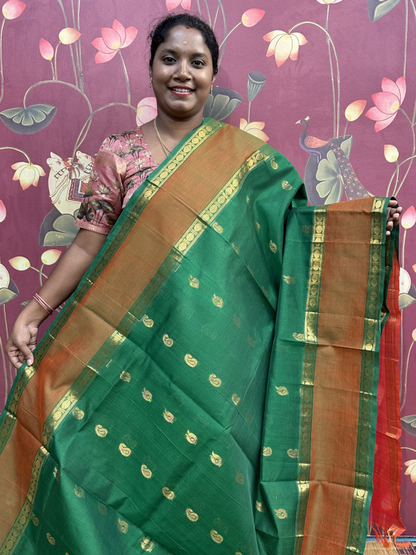 Silk Cotton Rettapet Border Body Buttas Green And Dual Shaded Pink(SCRBR7)