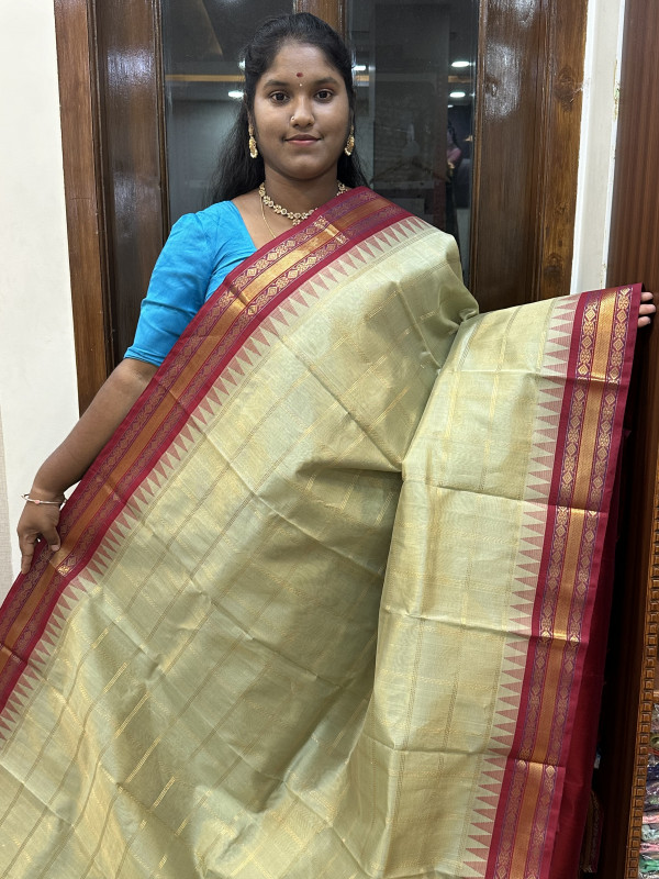 SIlk Cotton Korvai Checked Pastel Green And Maroon(SCKCBS34)