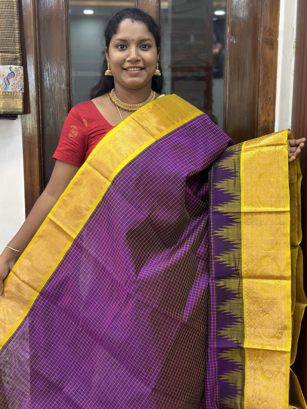 Silk Cotton Kuppadam Checked Purple And Lime Yellow(SCKCS11)
