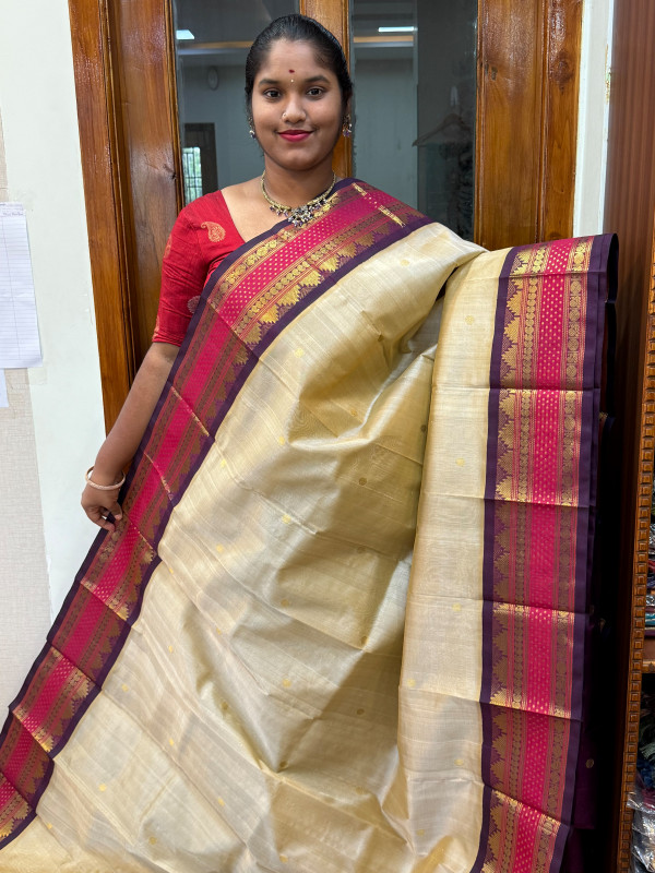 Silk Cotton Korvai Buttas Special Border Dual Shade Beige and Wine (SCKBSB01)