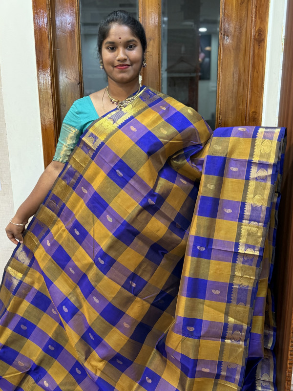 Silk Cotton Paalum Pazhamum Checks Sampangi And Royal Blue(SCPPC26)