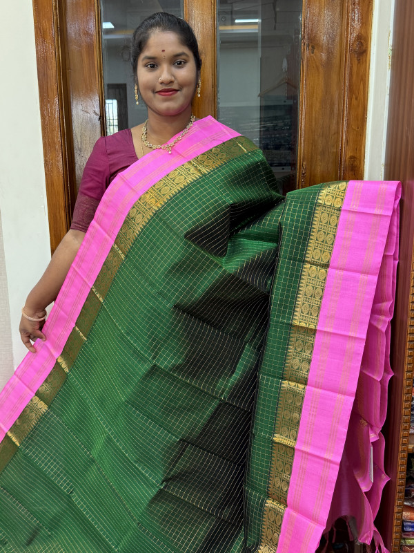 Silk Cotton Kuppadam Border Zari Checked Green And Bright Pink(SCKBZC100)