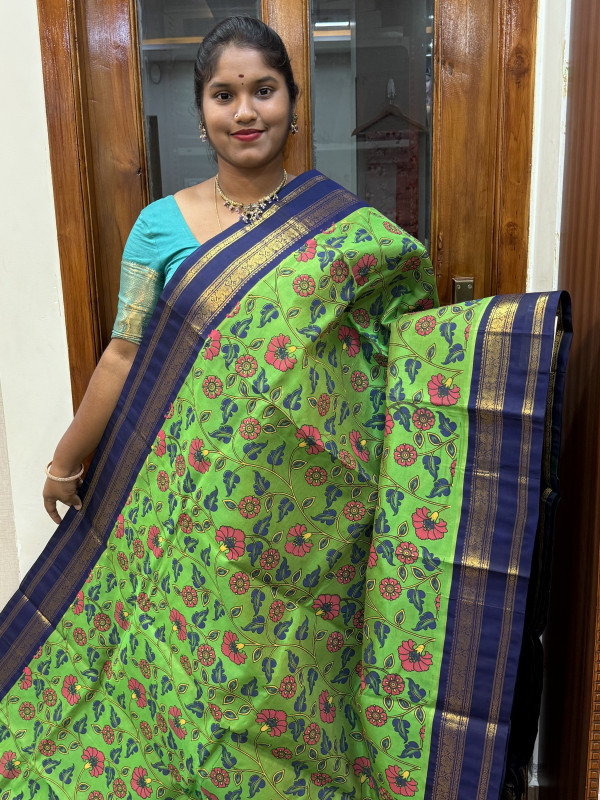 Silk Cotton Kuppadam Kalamkari Print Olive Green And Navy Blue(SCKKP114)