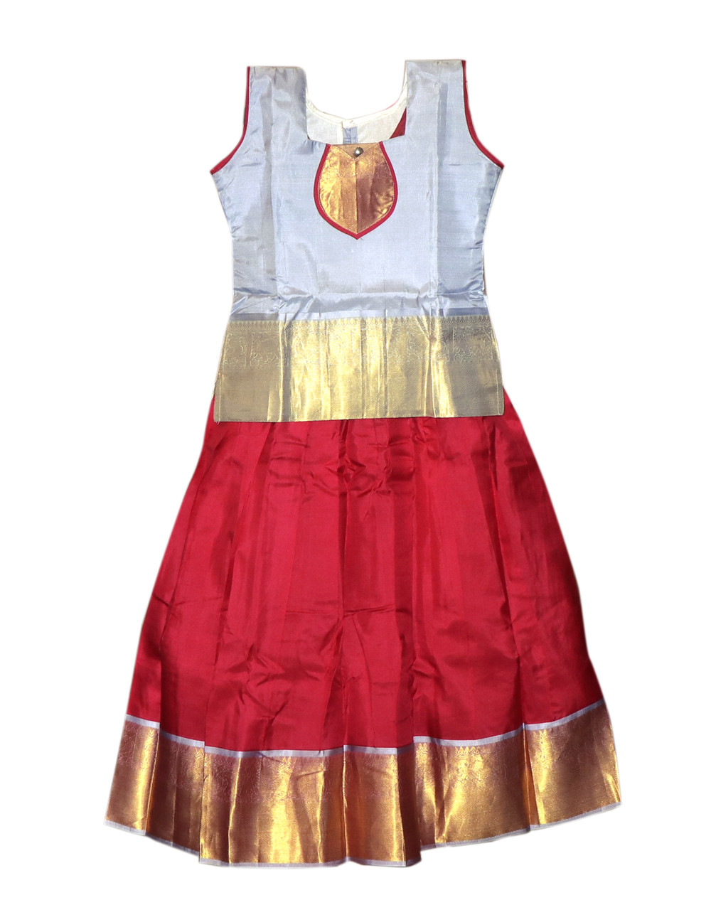 10"Yr"_Kids Pavadai Set Kanchipuram Silk Silver Grey And Reddish Pink(KS10KP4)