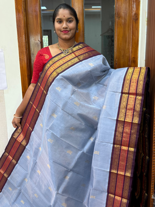 Silk Cotton Korvai Buttas Triple Tone Border Grey and Wine (SCKTTB03)