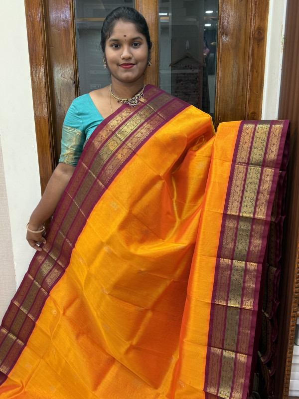 Silk Cotton Korvai Buttas Triple Tone Border Mambalam Manjal and Kungumam Araku(SCKTTB32)