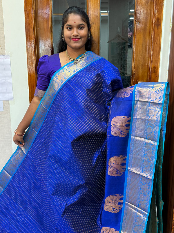 Silk Cotton Body Zari Kattam Royal Blue And Teal(SCZK04)