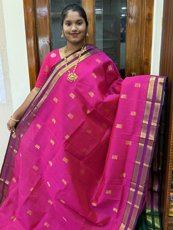 Silk Cotton Medium Body Buttas Rani Pink And Bottle Green(SCMBB74)