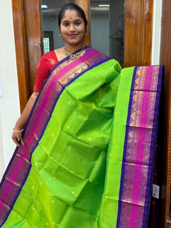 Silk Cotton Korvai Buttas Special Border Parrot Green and Purple (SCKBSB11)