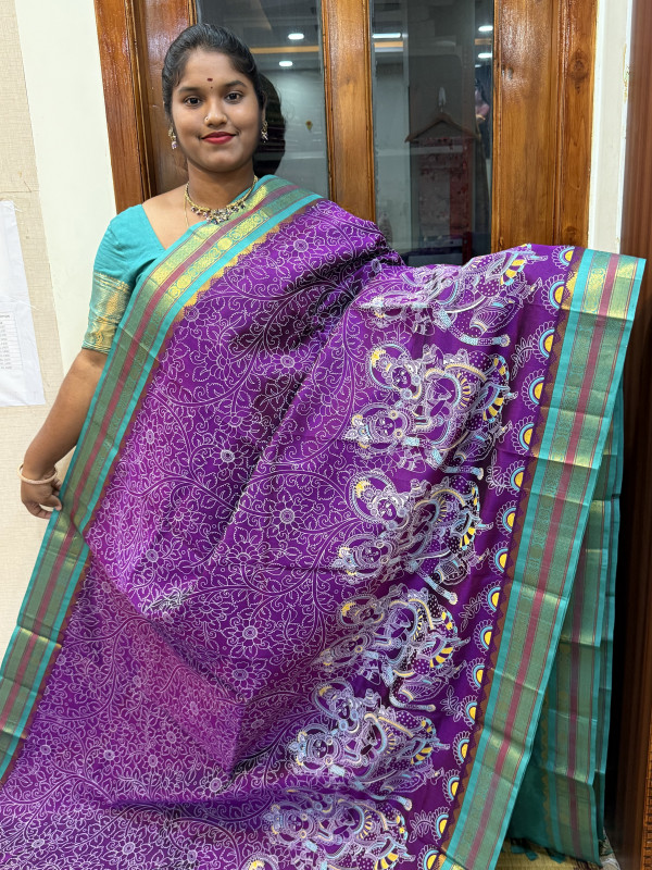 Silk Cotton Korvai Kalamkari Print Magenta And Teal (SCKKP130)