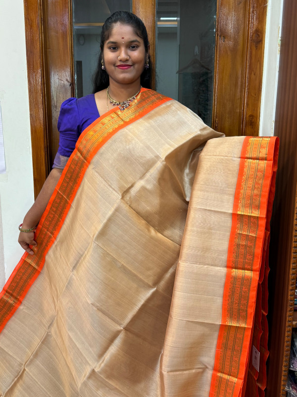 Silk Cotton Korvai Special Beige And Orange (SCKS08)