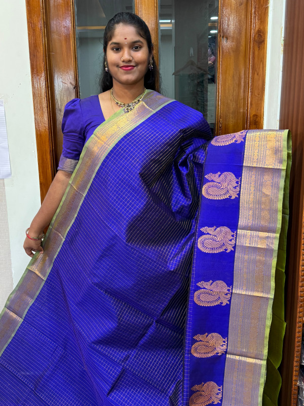 Silk Cotton Body Zari Kattam Royal Blue And Olive Green(SCZK08)