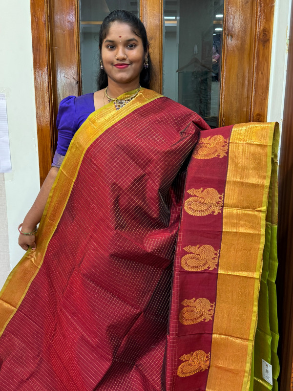 Silk Cotton Body Zari Kattam Maroon And Olive Green(SCZK09)