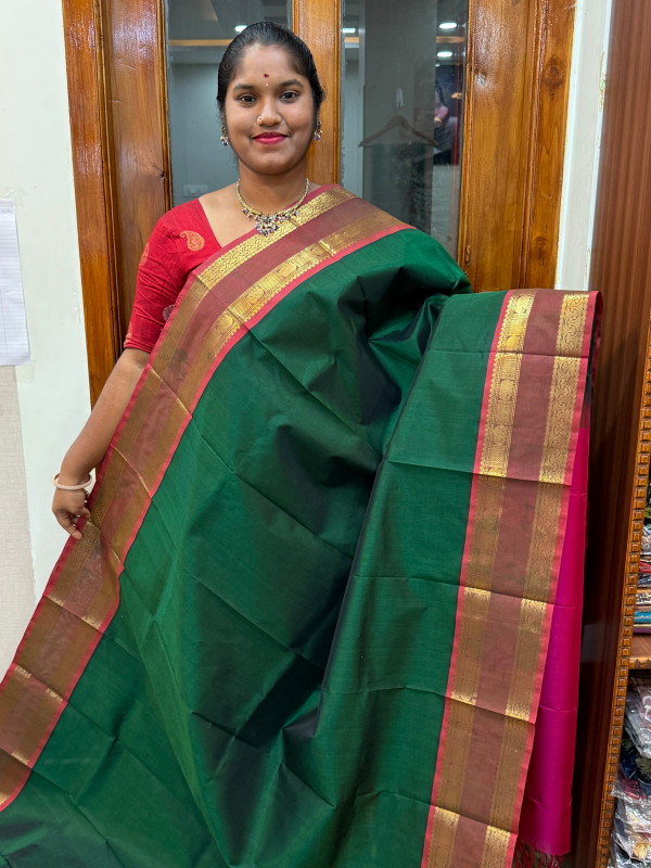 Silk Cotton Rettapet Border Green And Pink(SCRB01)