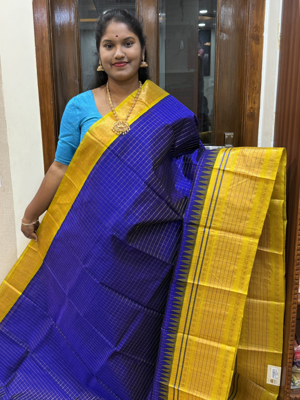 Silk Cotton Kuppadam Checked Temple Border Violet And Lime Yellow(SCKCTB45)