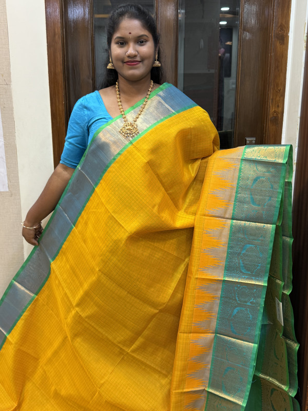 Silk Cotton Kuppadam Checked Yellow And Dual Shaded Teal (SCKCS25)