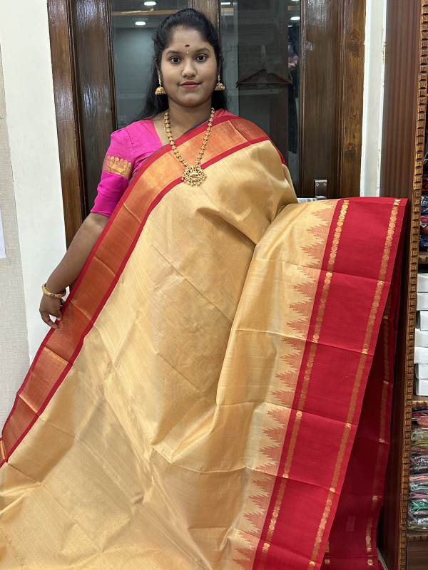 Silk Cotton Korvai Temple Border Sandal And Red(SCKRPB10)