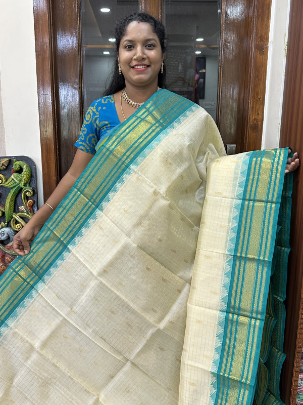 Silk Cotton Korvai kattam Buttas Temple Border Off White And Teal Blue(SCKKBTB1)