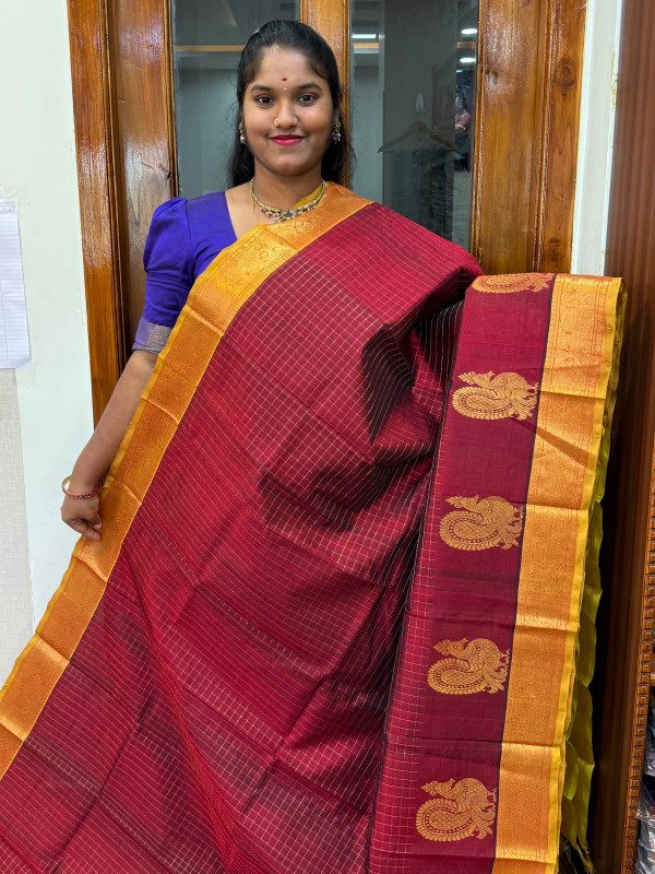 Silk Cotton Body Zari Kattam Maroon And Lemon Yellow(SCZK10)