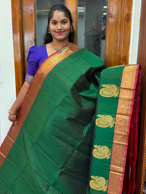 Silk Cotton Body Zari Kattam Green And Red(SCZK05)