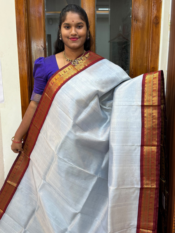 Silk Cotton Korvai Special Light Grey And Maroon (SCKS12)