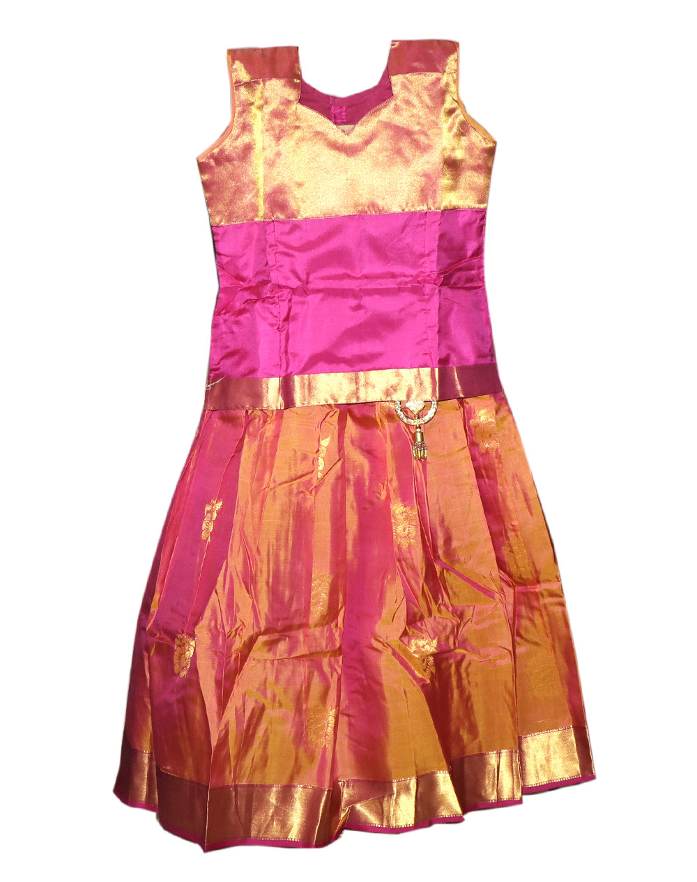 9"Yr"_Kids Pavadai Set Kanchipuram Silk Pink And Dual Shaded Pink(KS9KP7)